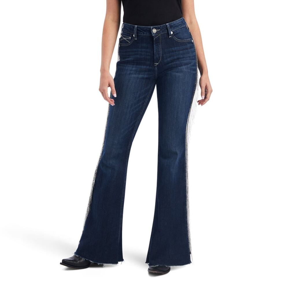 ARIAT R.E.A.L. Denim Dark Wash Silver Fringe Accent Side High Rise Flare Jeans